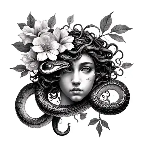 Medusa Gargon and Zodiac sign Libra with a snake and flowers tattoo design idea