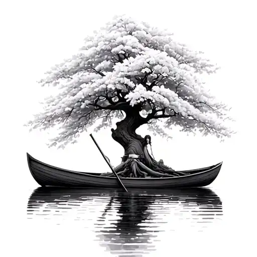 A rowing boat without oars, and growing on it a huge kanzan cherry tree in full bloom. Tattoo style, mythical style. Tri tattoo design idea