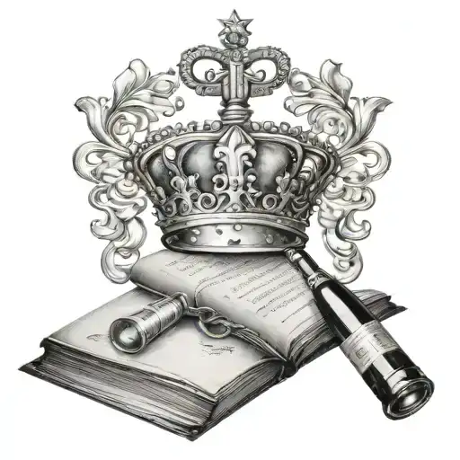 open book, queen's crown, and champagne bottle tattoo design idea