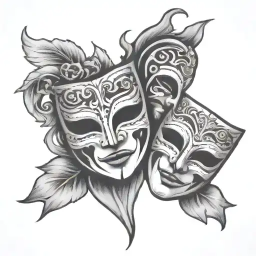 dual masks tragedy and comedy simple line drawing tattoo design idea