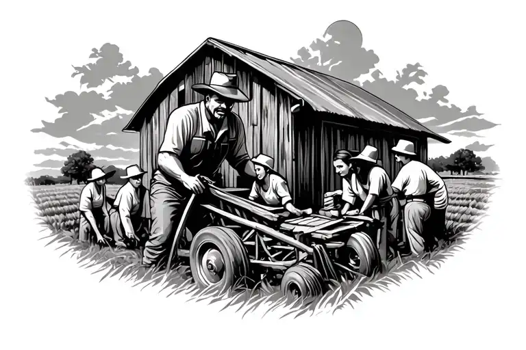 Create a tattoo featuring a hardworking farmer surrounded by his family working on the farm tattoo design idea