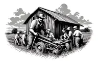 Create a tattoo featuring a hardworking farmer surrounded by his family working on the farm tattoo design idea