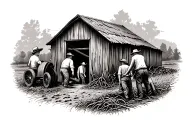Create a tattoo featuring a hardworking farmer surrounded by his family working on the farm tattoo design idea