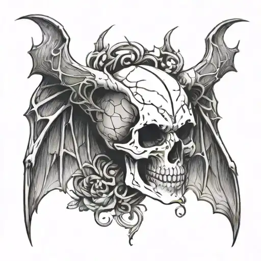 skull head with bat wings connected to it and line art designs  tattoo design idea