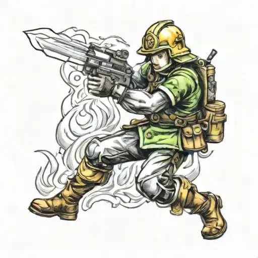 a tattoo of Link from Zelda in a fire fighter suit fighting a fire tattoo design idea