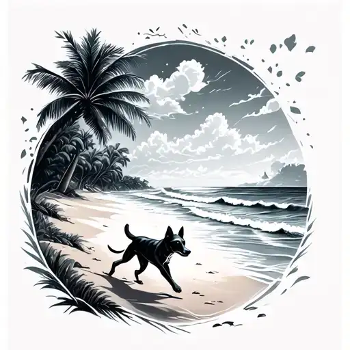A serene black and grey beach scene with a playful dog running along the shore, surrounded by palm trees and crashing waves tattoo design idea