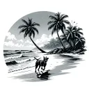 A serene black and grey beach scene with a playful dog running along the shore, surrounded by palm trees and crashing waves tattoo design idea