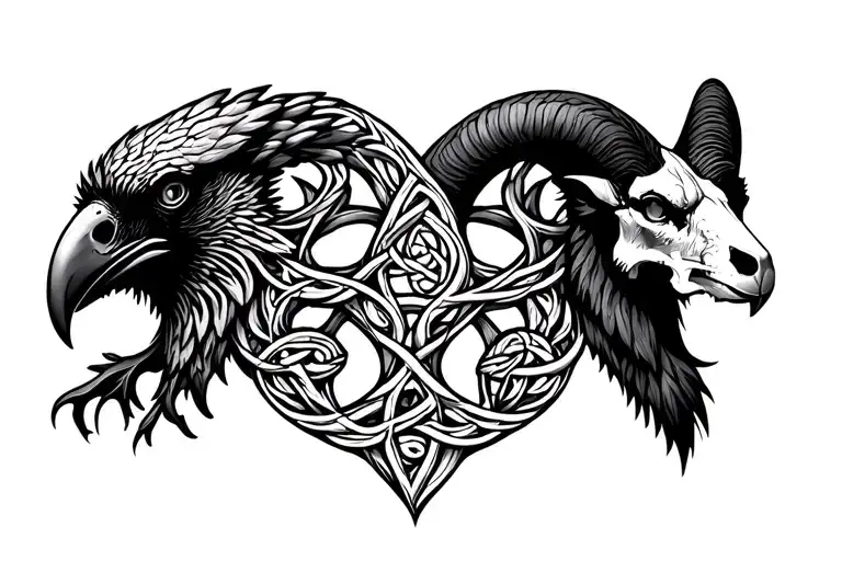 Celtic tree of life .a Celtic raven head on the left .a Celtic ram head on the right location of the skull tattoo design idea