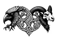Celtic tree of life .a Celtic raven head on the left .a Celtic ram head on the right location of the skull tattoo design idea