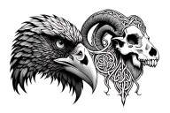 Celtic tree of life .a Celtic raven head on the left .a Celtic ram head on the right location of the skull tattoo design idea