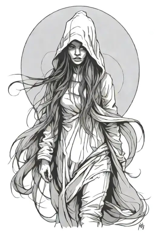 a girl with long hair and a huge hooded beast walking side by side tattoo design idea