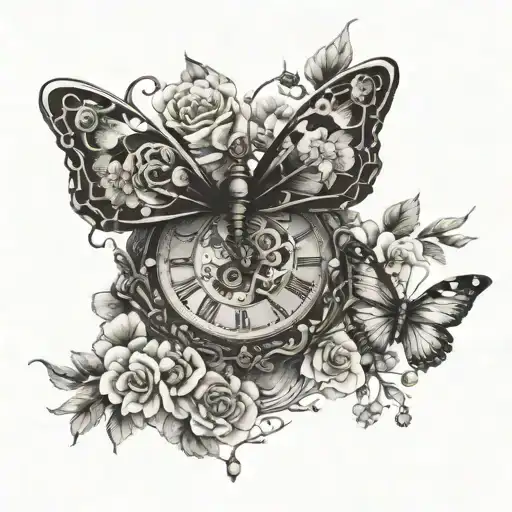 butterfly, old clock, rose, cherry blossoms tattoo design idea