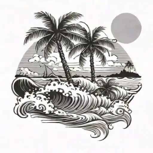 beach scene with palm trees and waves tattoo design idea