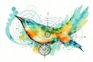 Songbird script cursive writing with music notes splashes of color and a compass tattoo design idea