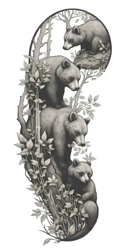 A serene forest scene with bears, squirrels, raccoons, and owls among lush plants tattoo design idea