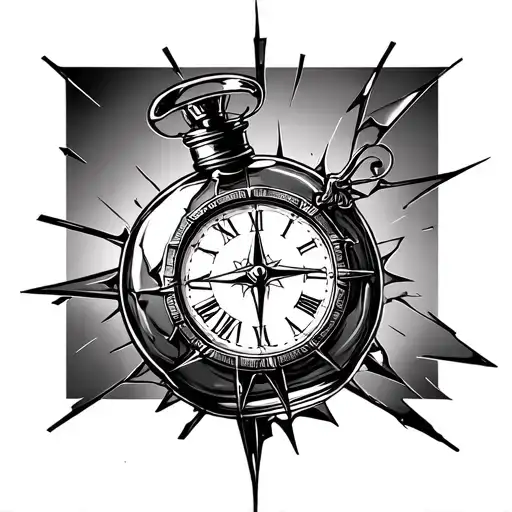 broken compass bottle of perfume and clock tattoo design idea