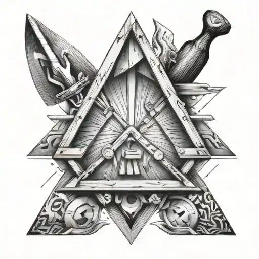 woodwork tools tattoo, geometric, black and white color, triangle style tattoo design idea