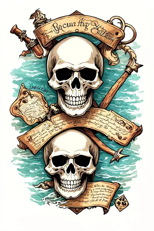 Skulls, pirates, treasure map tattoo design idea