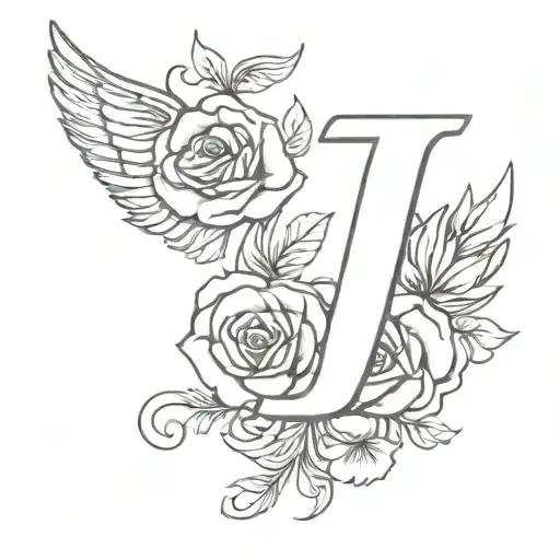 black and gray left angel wing attached cursive letter L. 2 roses and 2 marigold flowers beneath the wing in alternate tattoo design idea