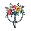 a pirates like hook prosthetic that is a circle instead of a hook and through the circle there is  a bouquet of flowers  tattoo design idea