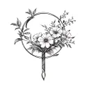 a pirates like hook prosthetic that is a circle instead of a hook and through the circle there is  a bouquet of flowers  tattoo design idea