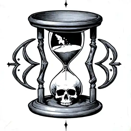 a black work traditional style hourglass inside of a gemini symbol with a skull at the bottom tattoo design idea