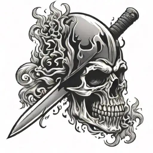 knife and flaming skull tattoo design idea