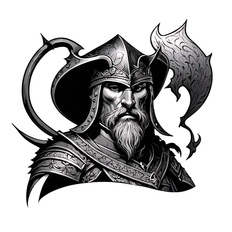 This tattoo is a **large, highly detailed chest piece** with a medieval warrior theme. tattoo design idea