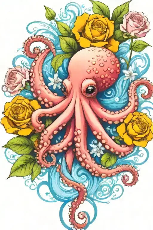 octopus, snowdrop, rose,  marigold flower tattoo design idea