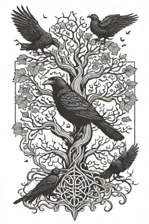 huginn and muninn with Yggdrasil tree tattoo design idea