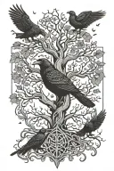 huginn and muninn with Yggdrasil tree tattoo design idea