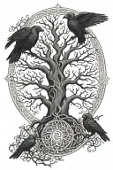 huginn and muninn with Yggdrasil tree tattoo design idea