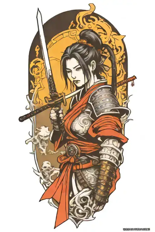 Half-body samurai girl in dark souls style blood dripping tattoo design idea