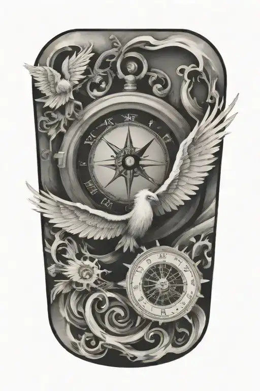 compass layered behind a clock representing the course for life over time. Overlapping is a Phoenix rising uo tattoo design idea