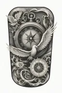 compass layered behind a clock representing the course for life over time. Overlapping is a Phoenix rising uo tattoo design idea
