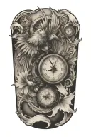 compass layered behind a clock representing the course for life over time. Overlapping is a Phoenix rising uo tattoo design idea