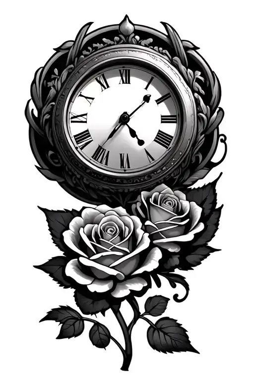 Plumber clock rose intertwined tattoo design idea