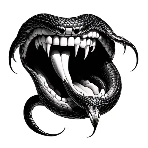 human mouth with a tongue of snake that comes out and 2 fangs on each side tattoo design idea
