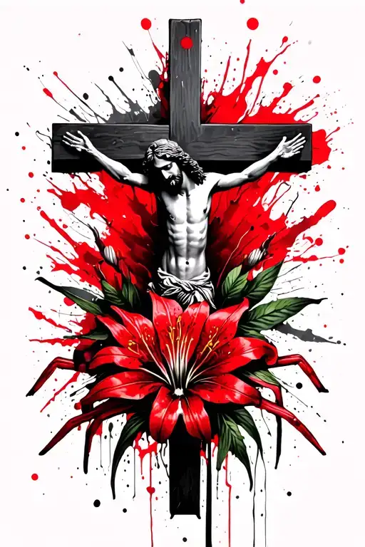 Jesus on the Cross with Red Spider Lily tattoo design idea