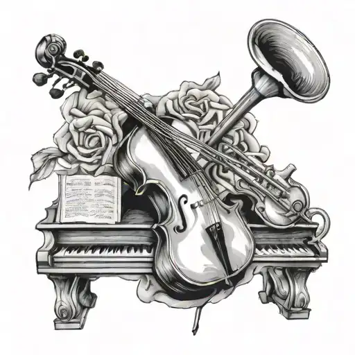 simple music and cello and piano and trumpet tattoo design idea