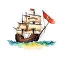Make a men's tattoo to be put on the chest with a wooden pirate boat on the sea with a flag with a writing "MALPERAS" tattoo design idea