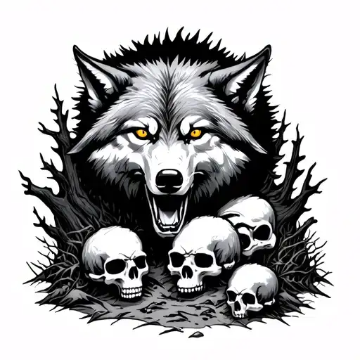 wolf eating sheep head in woods with skulls on the ground and creepy eyes in the dark woods tattoo design idea