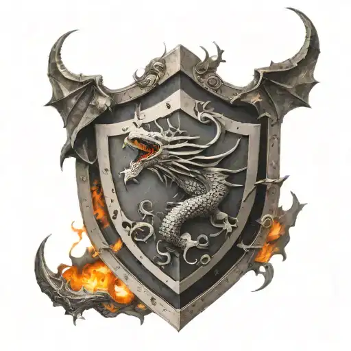 Shield with dragon breathing fire with the name The KnightMare Assassin tattoo design idea
