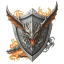 Shield with dragon breathing fire with the name The KnightMare Assassin tattoo design idea