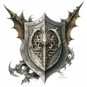 Shield with dragon breathing fire with the name The KnightMare Assassin tattoo design idea