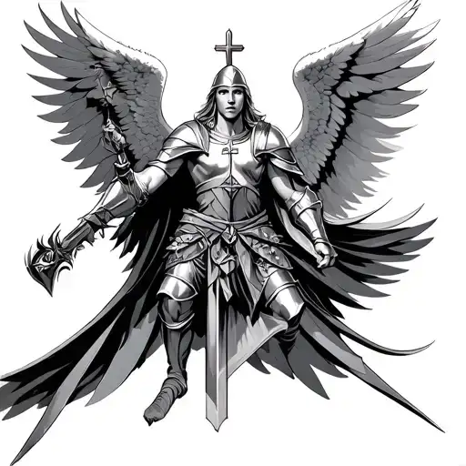 warrior Angel with templar knight holding tattoo design idea