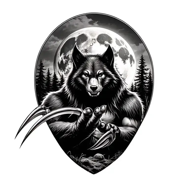 black only. Wolverine animal in the wild showing its claws with the forest, moon, and clock in the background tattoo design idea