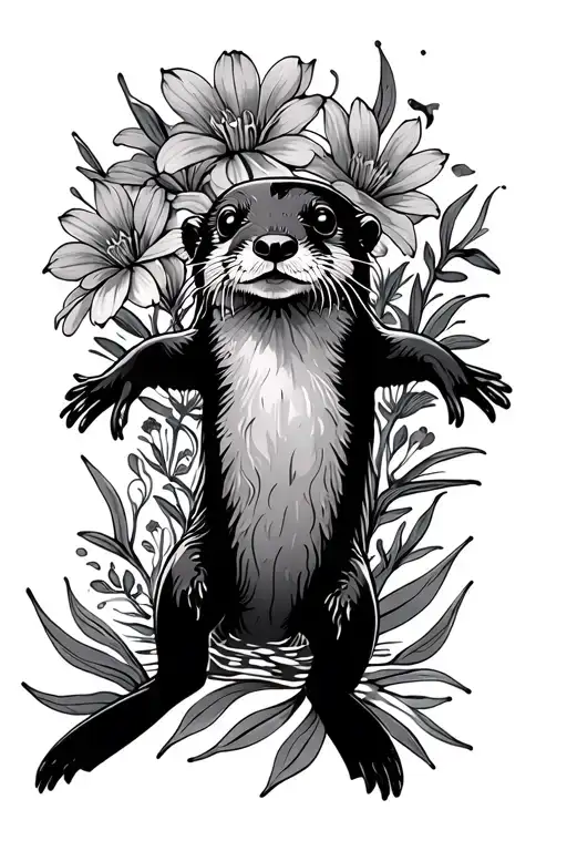 Otter swimming with sea flowers behind tattoo design idea