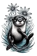 Otter swimming with sea flowers behind tattoo design idea