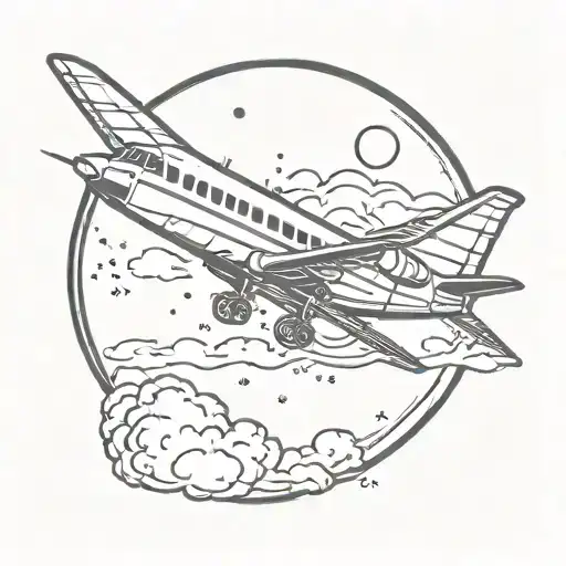 plane flies towards moon with phase 9 with clouds and stars tattoo design idea
